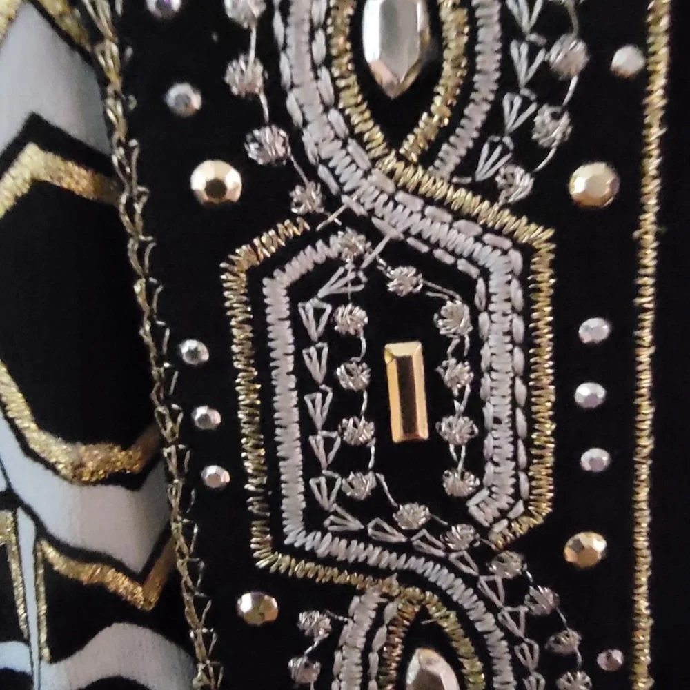 WHBM Black/Gold/White Metallic Midi Dress Embellished w/ Rhinestones. Size L - Picture 10 of 11